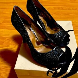 Vintage Nine West Blue Sparkle Peep Toe High Heel Shoes, Size 6.5